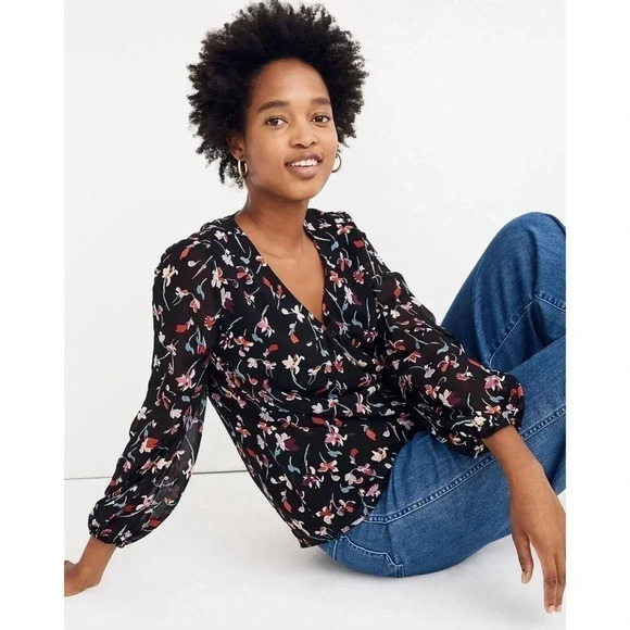 Madewell NWT Drifting Flowers Shirred-Sleeve V-Neck Top Size Large